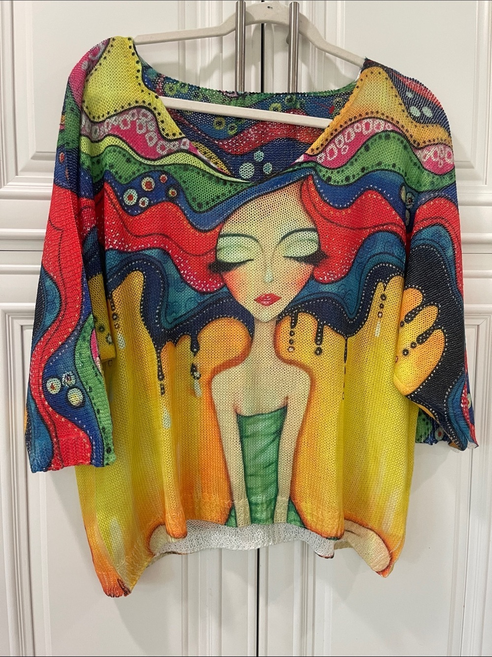 Colorful Artistic Pullover Top Sweater Whimsical Portrait 3/4 sleeve pop art - Picture 15 of 16